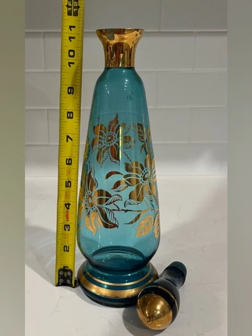 Vintage MCM Bohemian‎ Blue & Gold Gilded Liquor Decanter Set With 6 Glasses